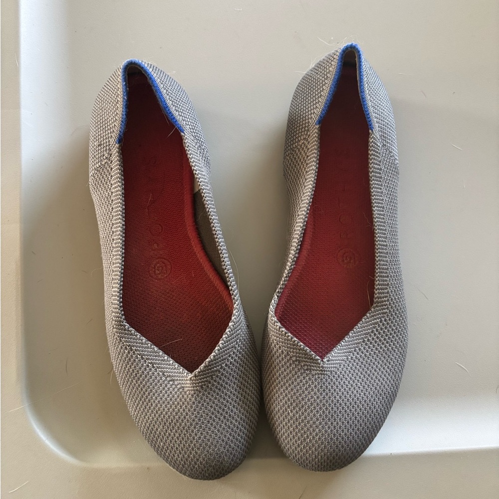 Rothy's Gray Knit Ballet Flats with Red Insole and Blue Trim